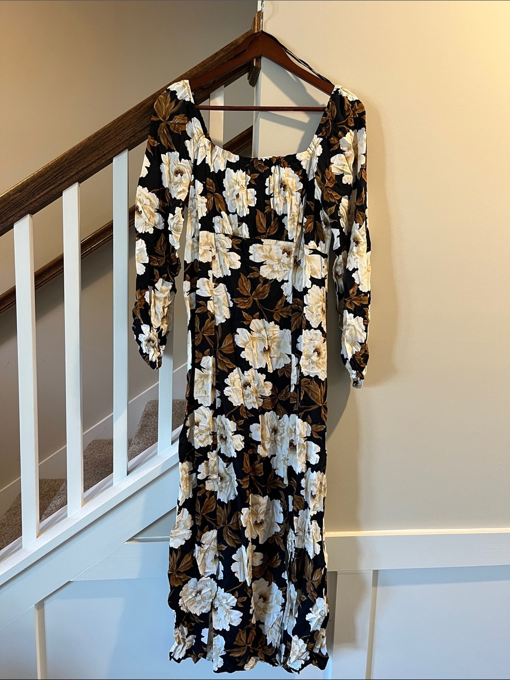 Old Navy Black Floral Midi Dress with Puff Sleeves